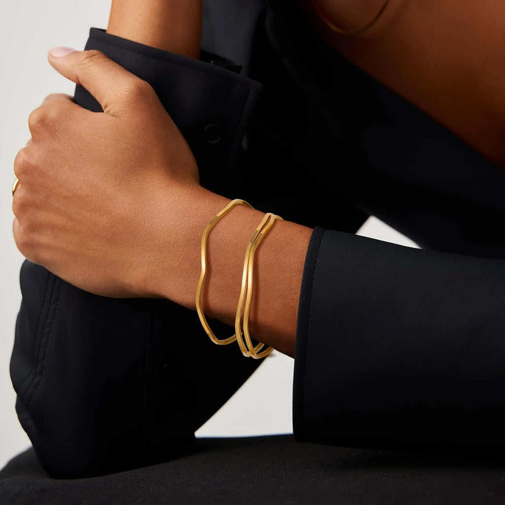 18K Gold Plated Bangles for Women Stainless Steel Glossy Stackable Thin Round Bracelets Solid Plain Polished Bangles