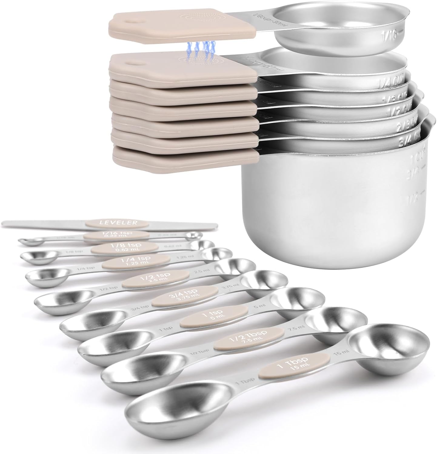 Magnetic Measuring Cups and Spoons Set-Heavy Duty 304 Stainless Steel，Double Measurement Markings，Set of 16 with