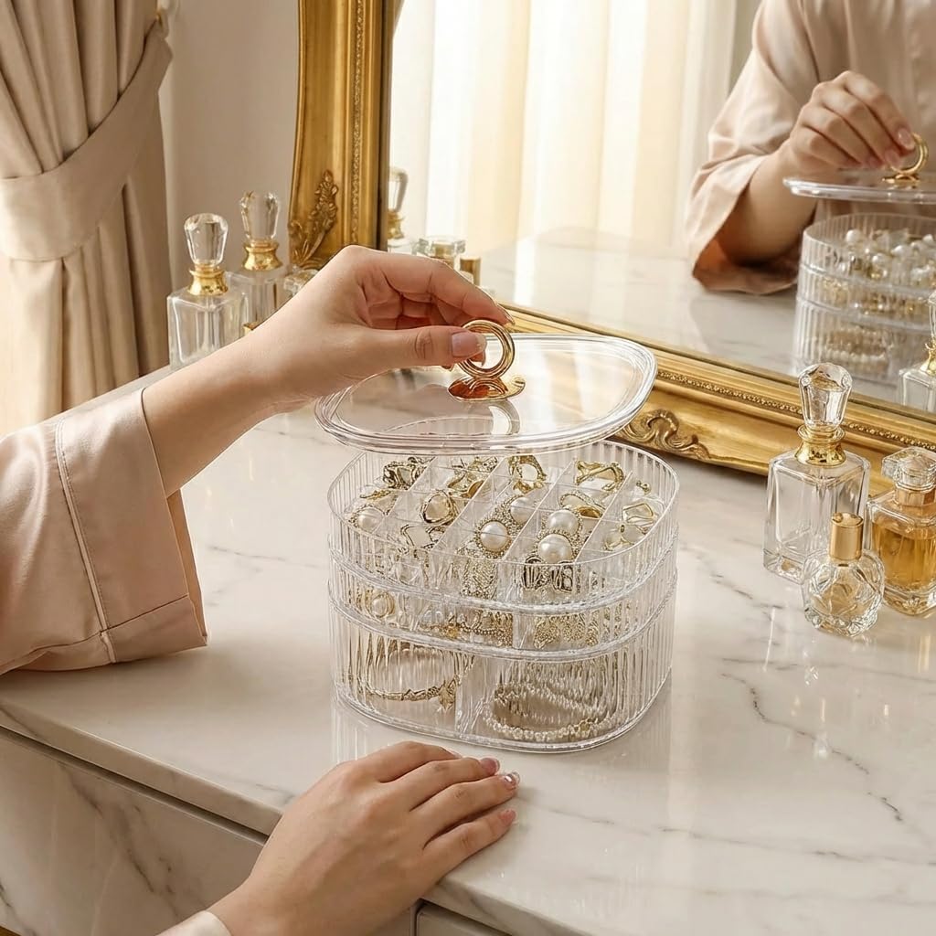 Jewelry Box, 3-Layer Acrylic Jewelry Organizer with Handle, Clear Jewelry Boxes for Women Girls, Make up Organizer