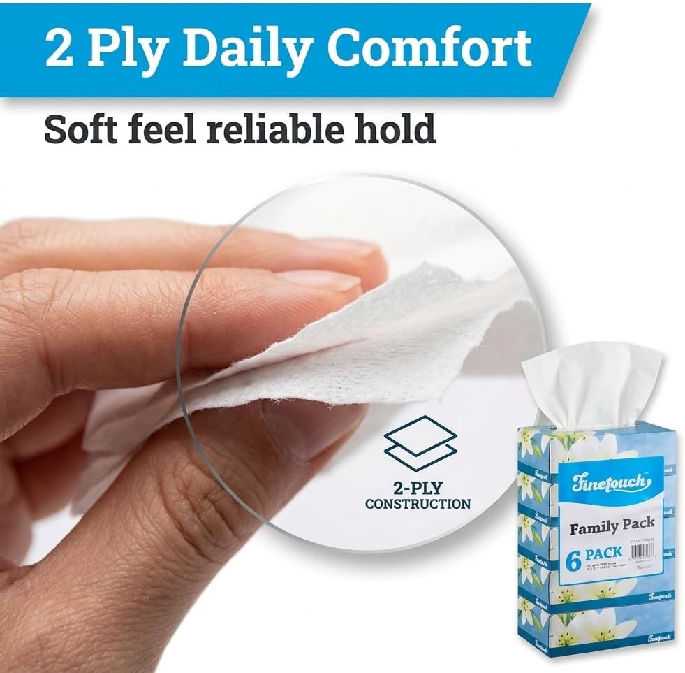 Facial Tissues Boxes Bulk, Soft 2-Ply, 130 Sheets, 6 Pack