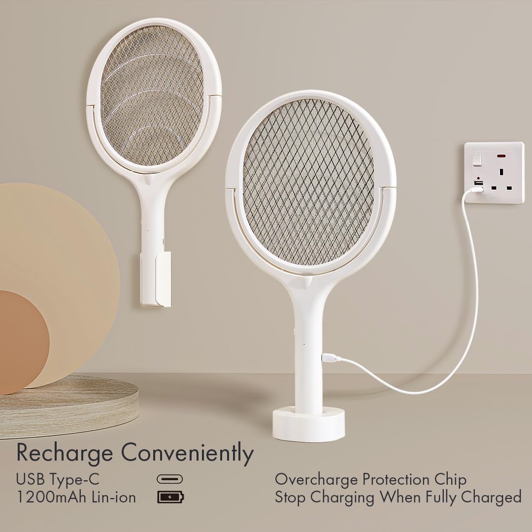 Electric Fly Swatter Electric Bug Zapper Racket Fly Zapper Racket | Telescopic Extension, Rotating Head USB-C