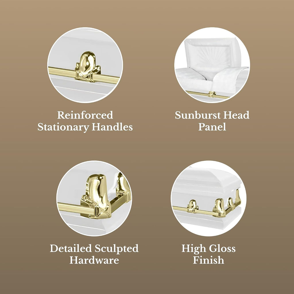 Elegant Orion Series Funeral Casket for Humans - Handcrafted Steel Casket, Luxurious White and Gold Finish & White