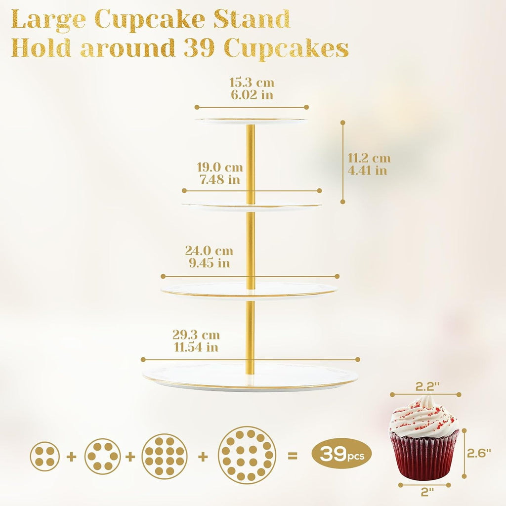 4-Tier Cupcake Stand Tower, British Style Porcelain Tiered Tray with Golden Trim & Pattern, Food Grade Dessert