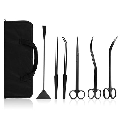 Aquascaping Tools 7 in 1 Kit Aquarium Plant Scissors Tools Set Curved & Waved Scissor Tweezers Spatula Stainless