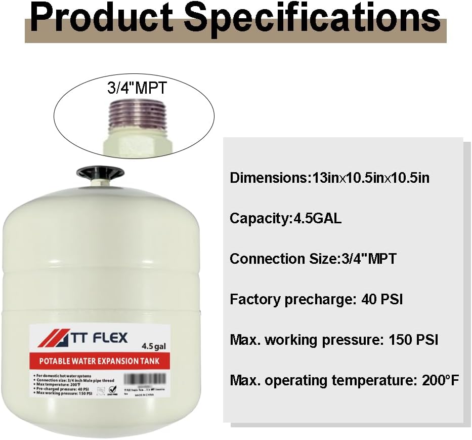 TTFLEX 4.5 Gallon Expansion Tank for Hot Water Heater 3/4" MNPT | Thermal Expansion Tank, for Potable Water