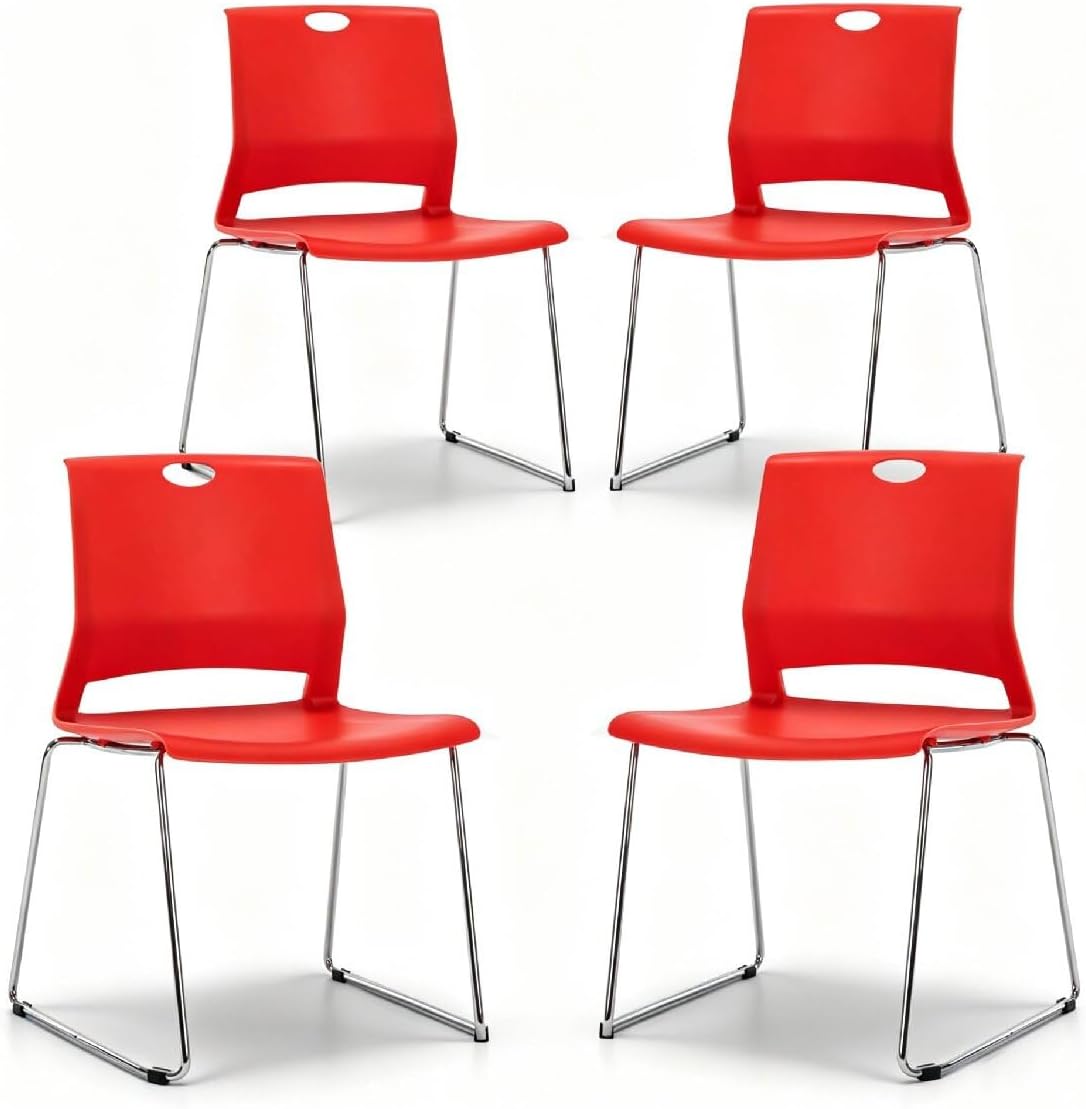 Red Stacking Chairs Set of 4, Hard Plastic Stackable Chair Armless