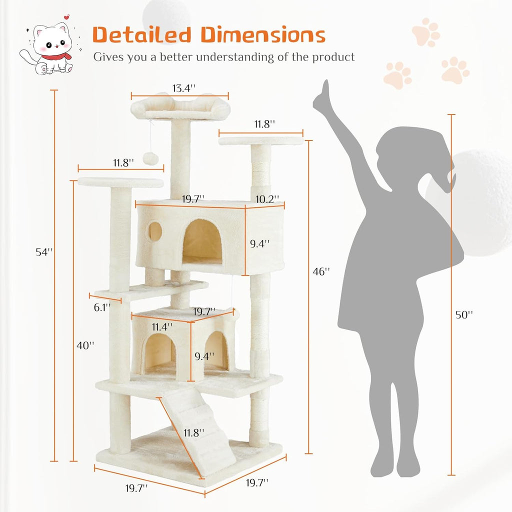 54 Inch Cats Tree Tower, Multi-Level with Scratching Post, Indoor Cat Tree Condo with Climbing Ladder, Plush Toy