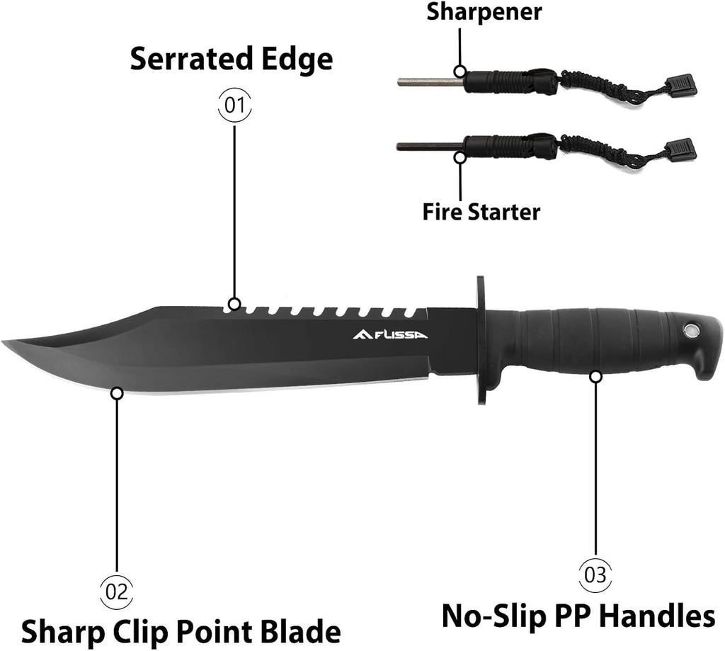 Survival Hunting Knife with Sheath, 15-inch Tactical Bowie Knife | Sharpener & Fire Starter Included, Full Tang Fixed
