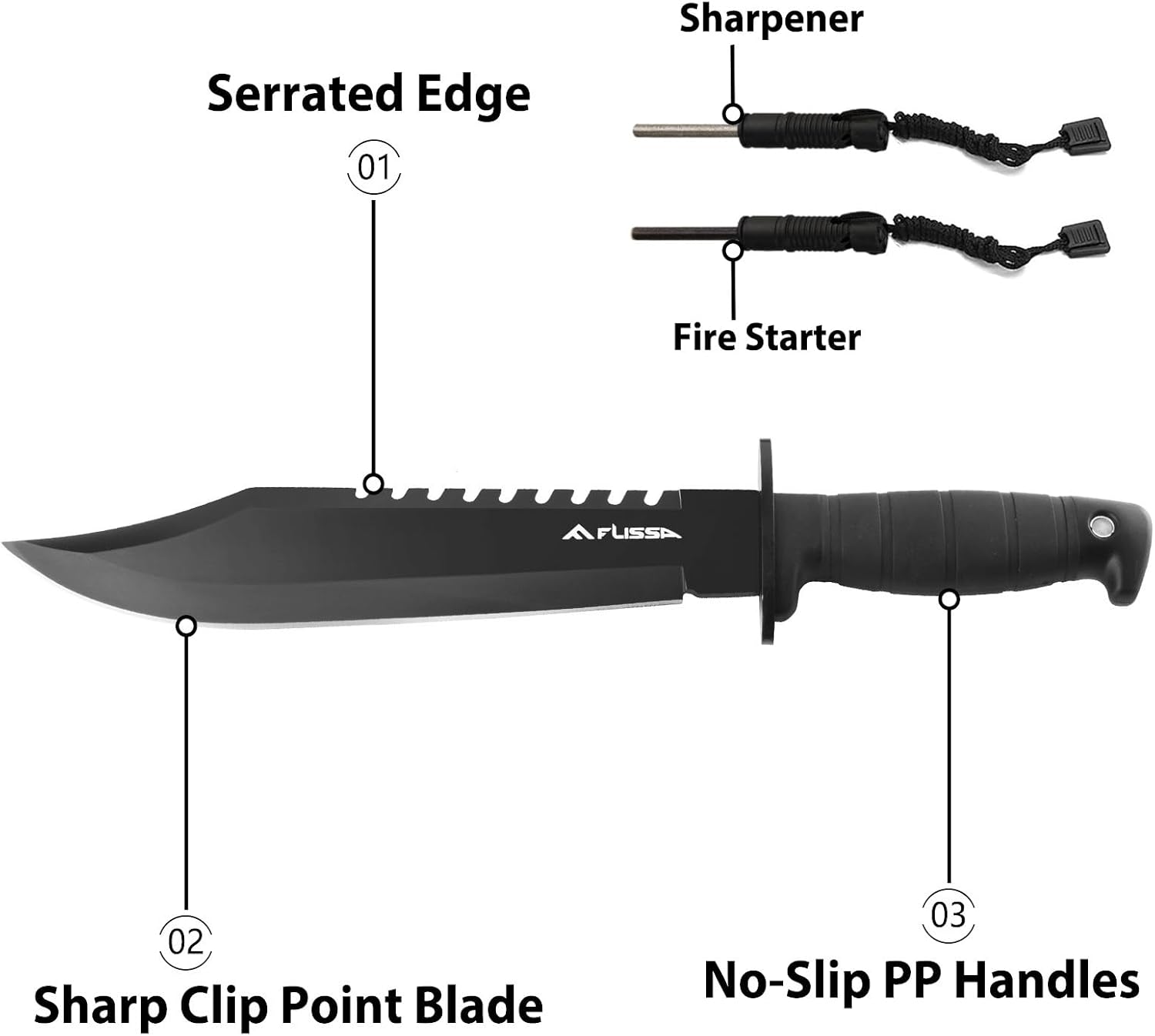 Survival Hunting Knife with Sheath, 15-inch Tactical Bowie Knife | Sharpener & Fire Starter Included, Full Tang Fixed