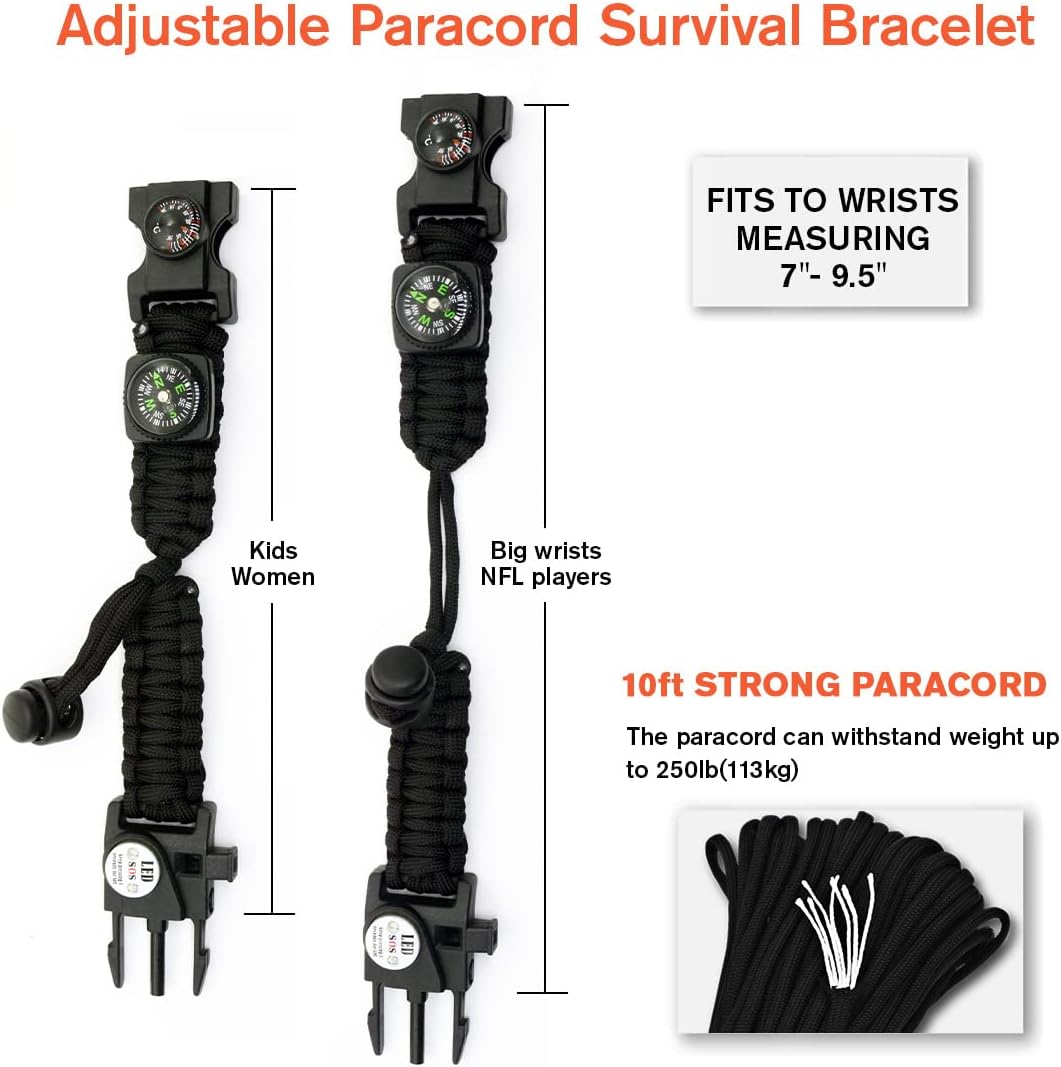 20 in 1 Survival Paracord Bracelet Adjustable Gear Kit with SOS LED Light, Fire Starter, Bigger Compass, Survival