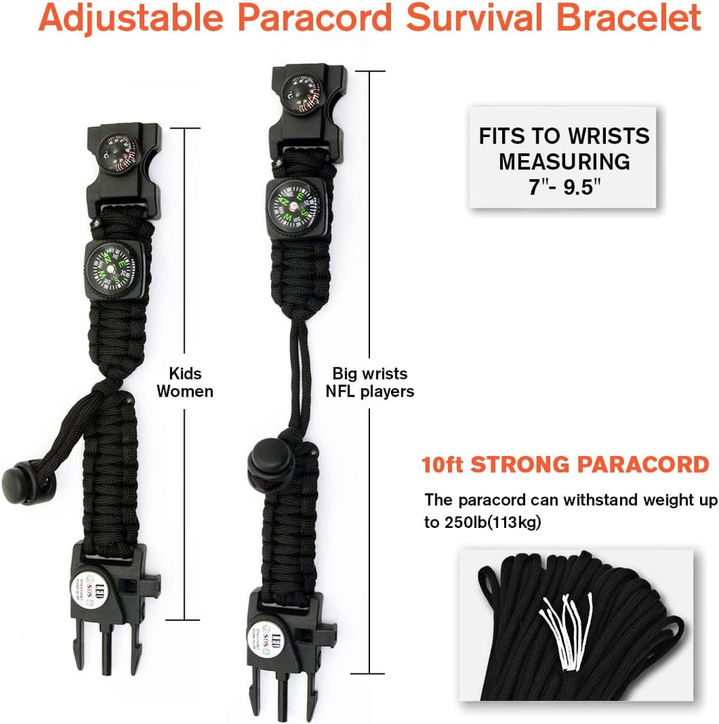 20 in 1 Survival Paracord Bracelet Adjustable Gear Kit with SOS LED Light, Fire Starter, Bigger Compass, Survival