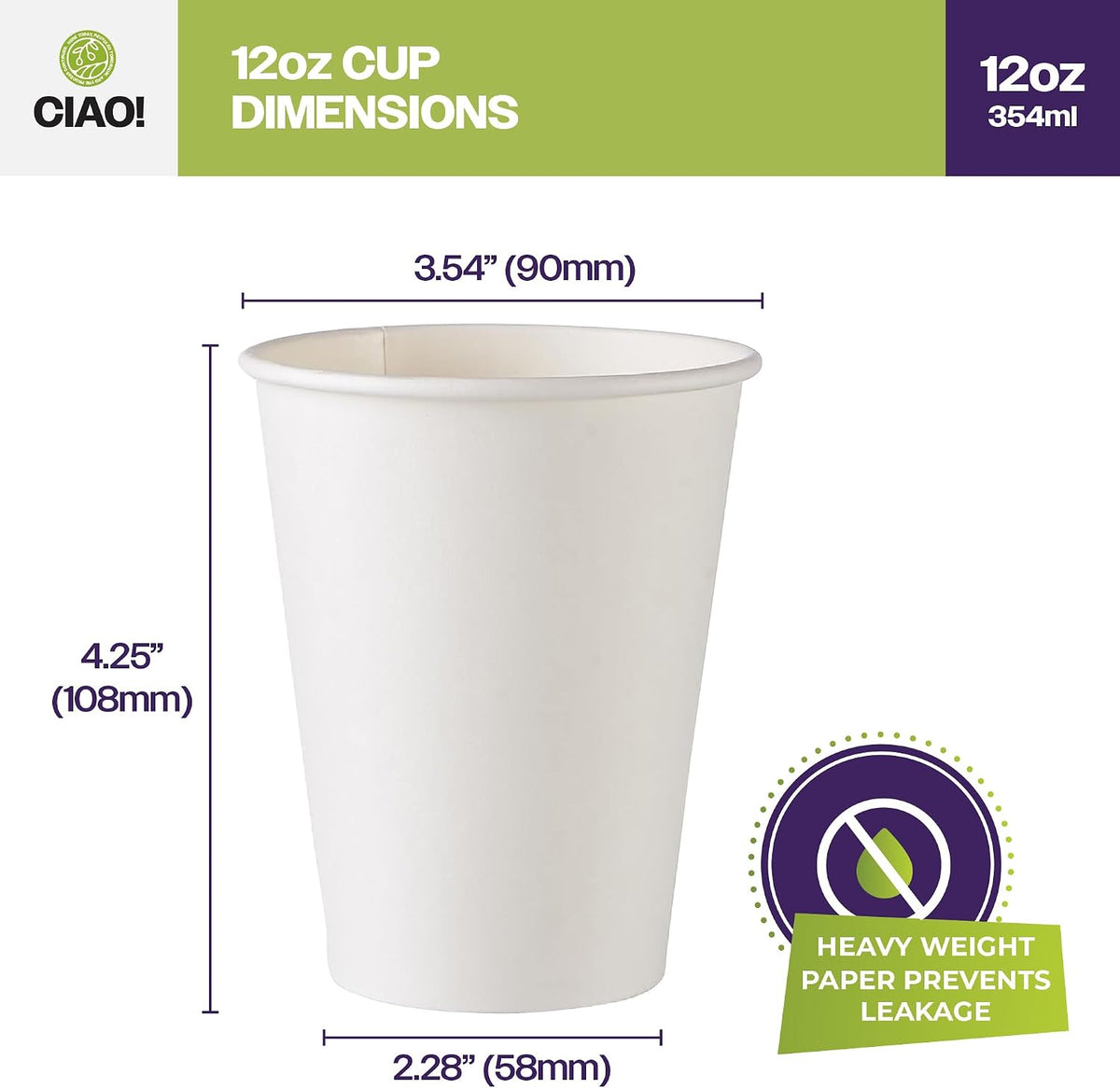 12oz White Paper Hot Cup, Disposable, 90mm Diameter 1,000 Count