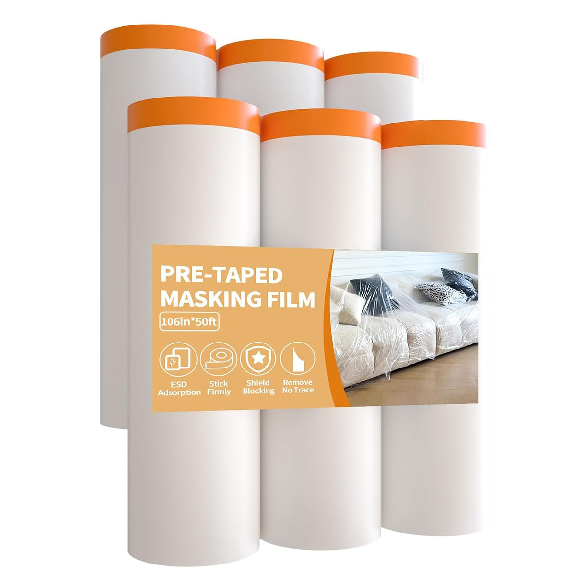 Pre-Taped Masking Film 106in x 65ft Plastic Drop Cloth for Painting 6 Roll