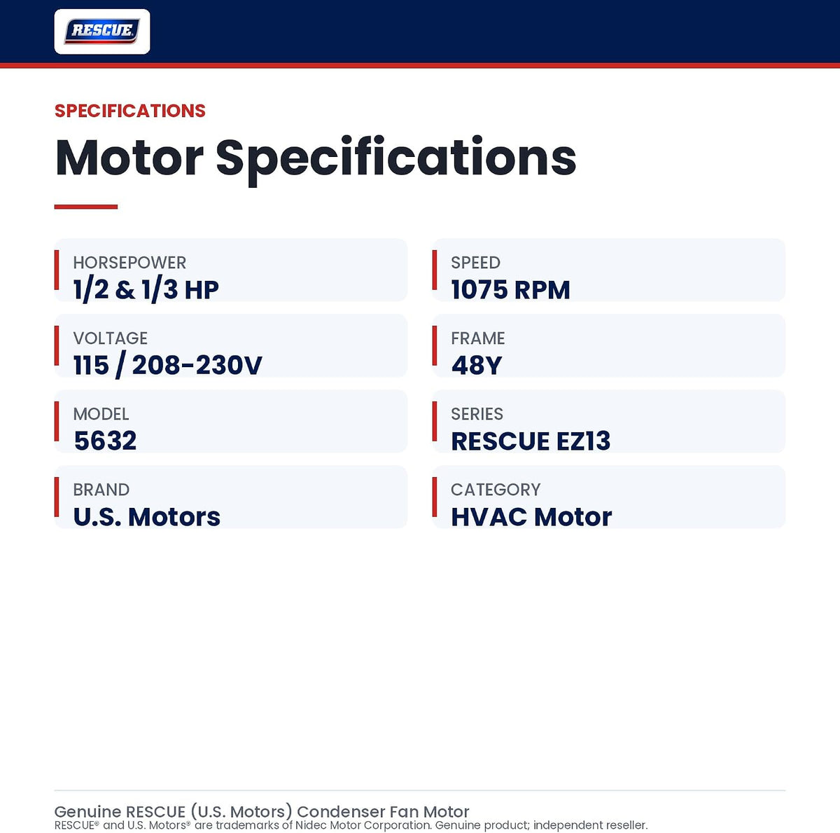 Motor,1/2,1/3 HP,1075,48Y,115/208-230V