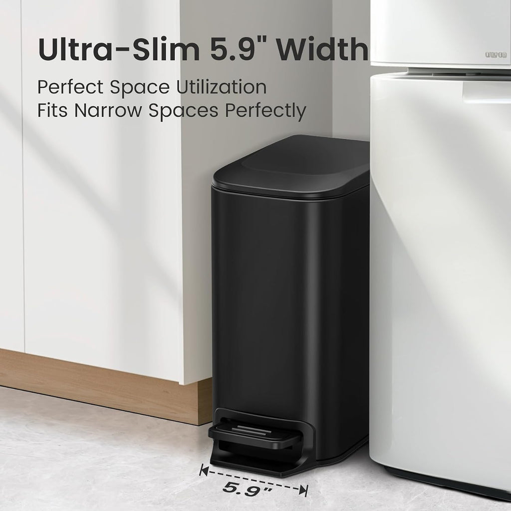 Small Bathroom Trash Can with Lid, 1.6 Gal, Soft Close, Matte Black | Step pedal soft close, Slim 5.9in fits narrow