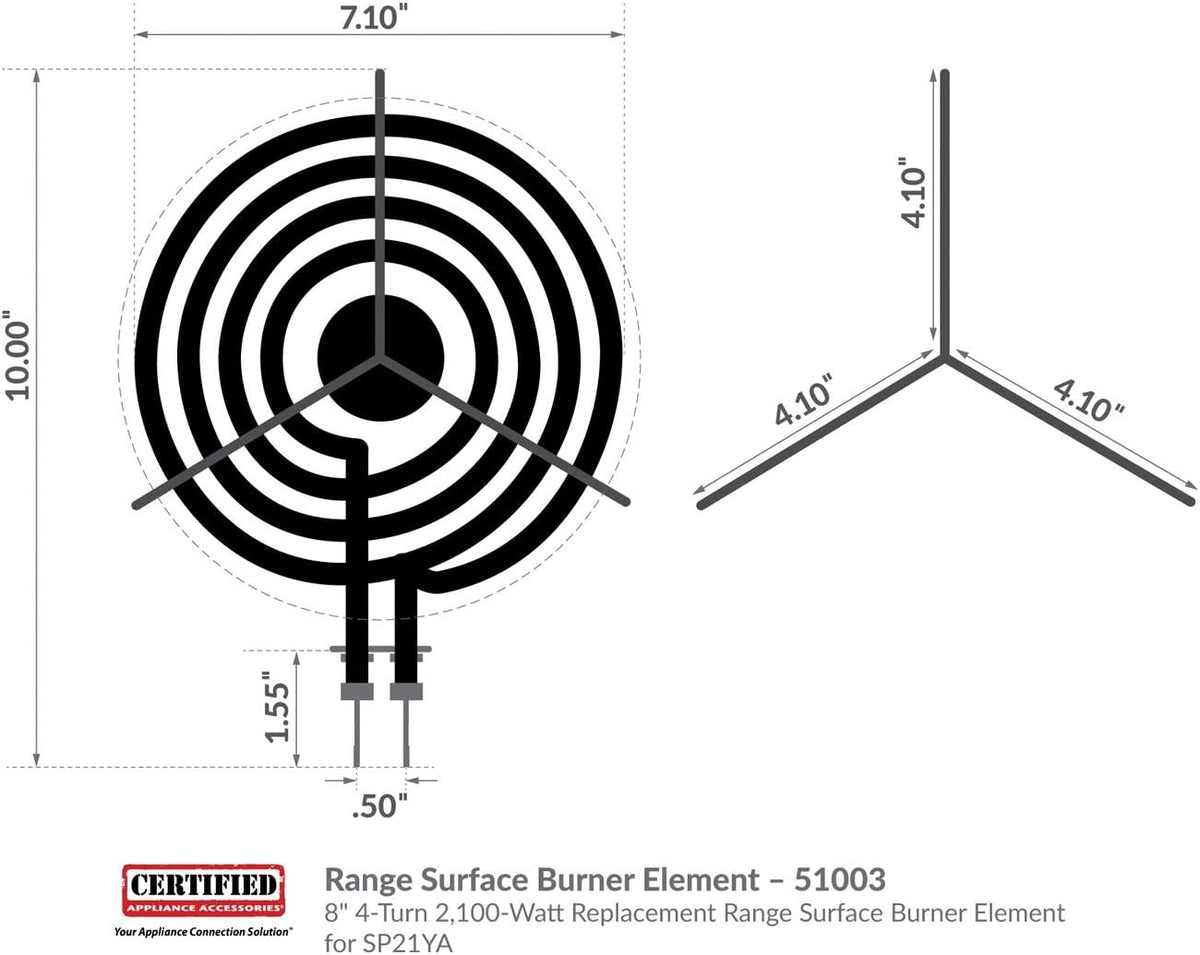 Certified Appliance Accessories 51003 8" 4-Turn 2,100-Watt Replacement Range Surface Burner Element for SP21YA