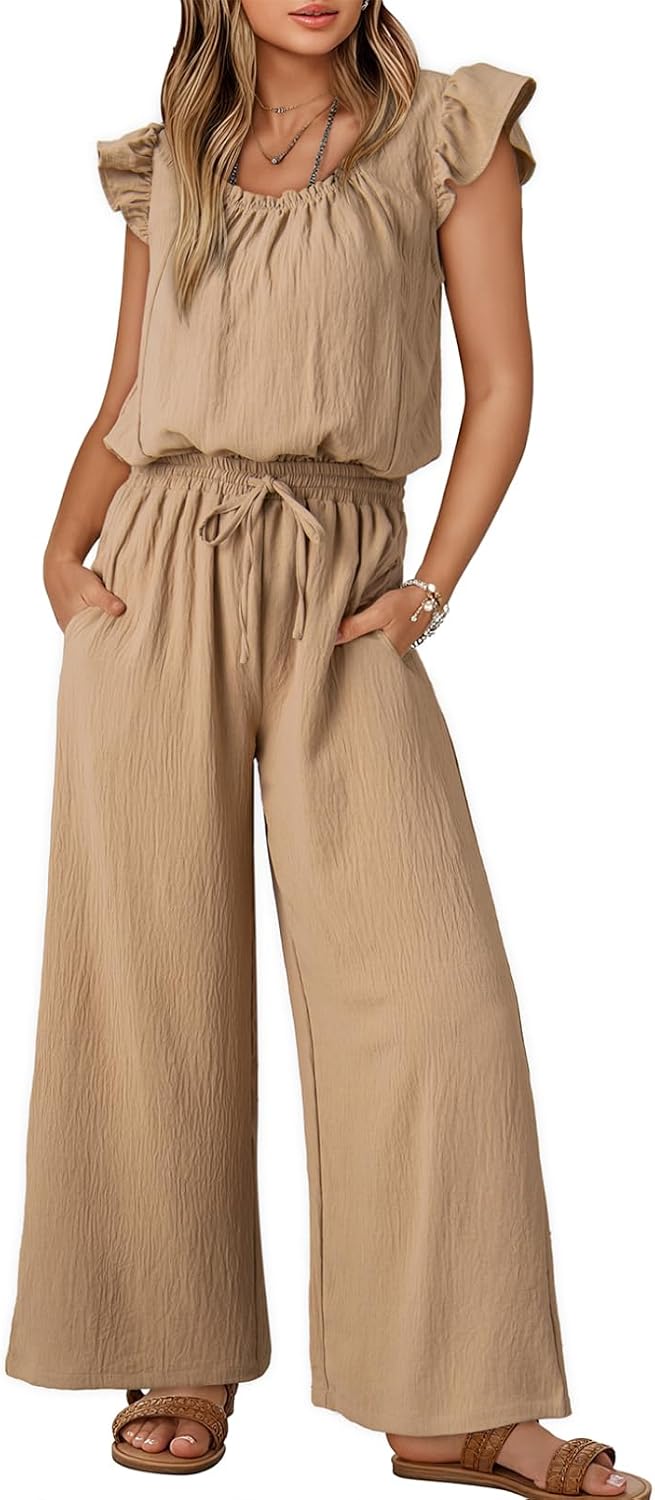 Jumpsuits for Women 2026 Summer Ruffle Sleeves Square Neck Rompers Drawstring Overalls with Pockets
