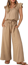 Jumpsuits for Women 2026 Summer Ruffle Sleeves Square Neck Rompers Drawstring Overalls with Pockets