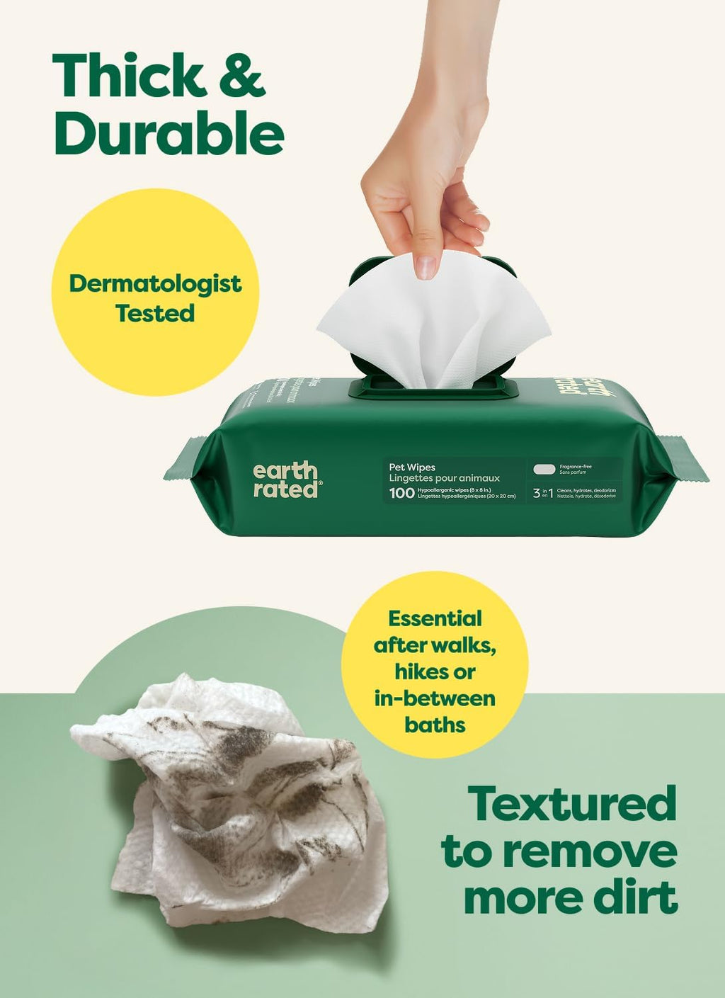 Pet Wipes for Dogs and Cats, Hypoallergenic, 3-in-1 Cleaning, Deodorizing and Hydrating