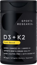 Vitamin D3 + K2 w/ Coconut Oil - Vegan Vitamin D 5000iu & Mk7 Vitamin K 100mcg for Bone & Immune Support - Vegan