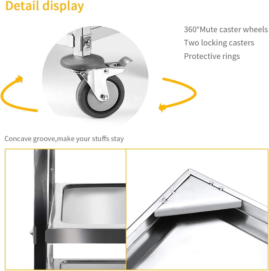 3 Tier Kitchen Rolling Cart, Stainless Steel, 37 x 20 x 37 Inch