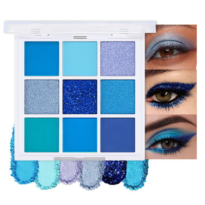 Blue 9 Colors Eyeshadow Palette, Matte Shimmer Metallic Pressed Powder Eye Shadow, Cool Tone Highly Pigmented