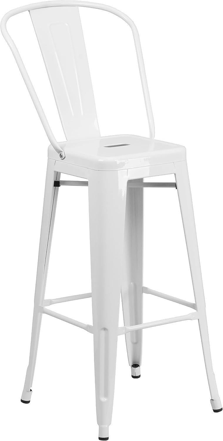 Commercial Grade 23.75" Square White Metal Indoor-Outdoor Bar Table Set with 2 Stools with Backs