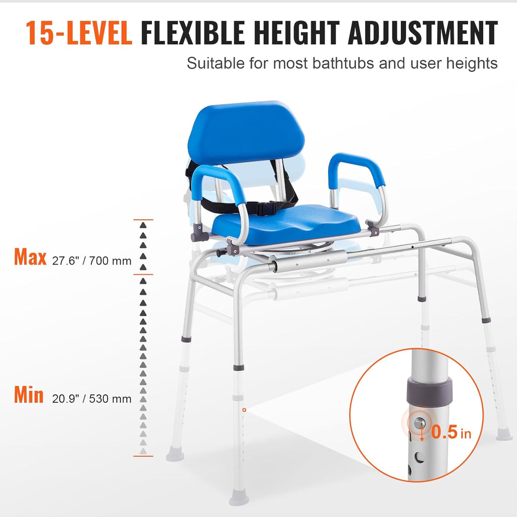 Sliding Tub Transfer Bench with 360 Degree Swivel Seat, Sliding Shower Chair with Pivoting Armrest & Padded Seat and