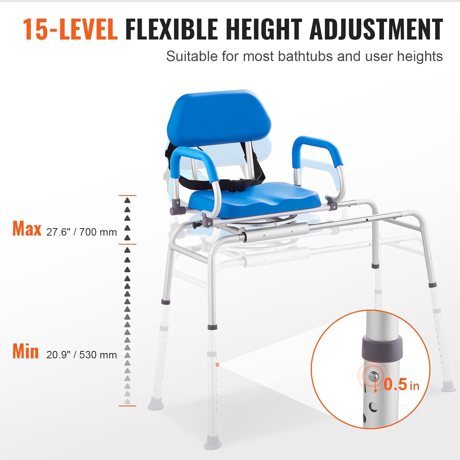 Sliding Tub Transfer Bench with 360 Degree Swivel Seat, Sliding Shower Chair with Pivoting Armrest & Padded Seat and