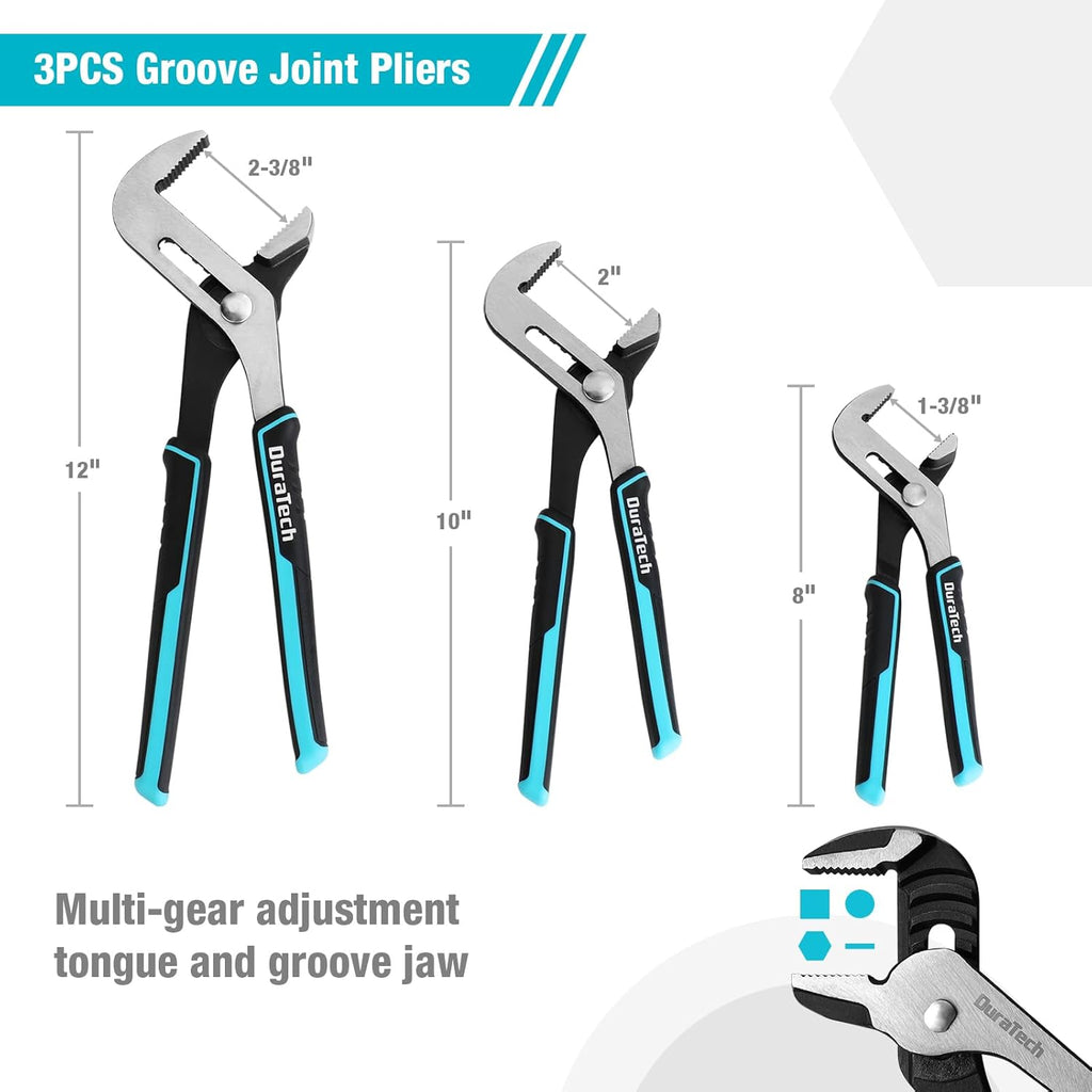 8-Piece Pliers Set with Rolling Pouch, Premium Cr-V/Cr-Ni Construction, (12", 10", 8" Groove Joint Pliers, 8"