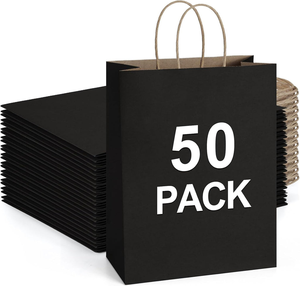 Kraft Paper Bags with Handles 10x5x13 Inch Black 50 Pack Bulk
