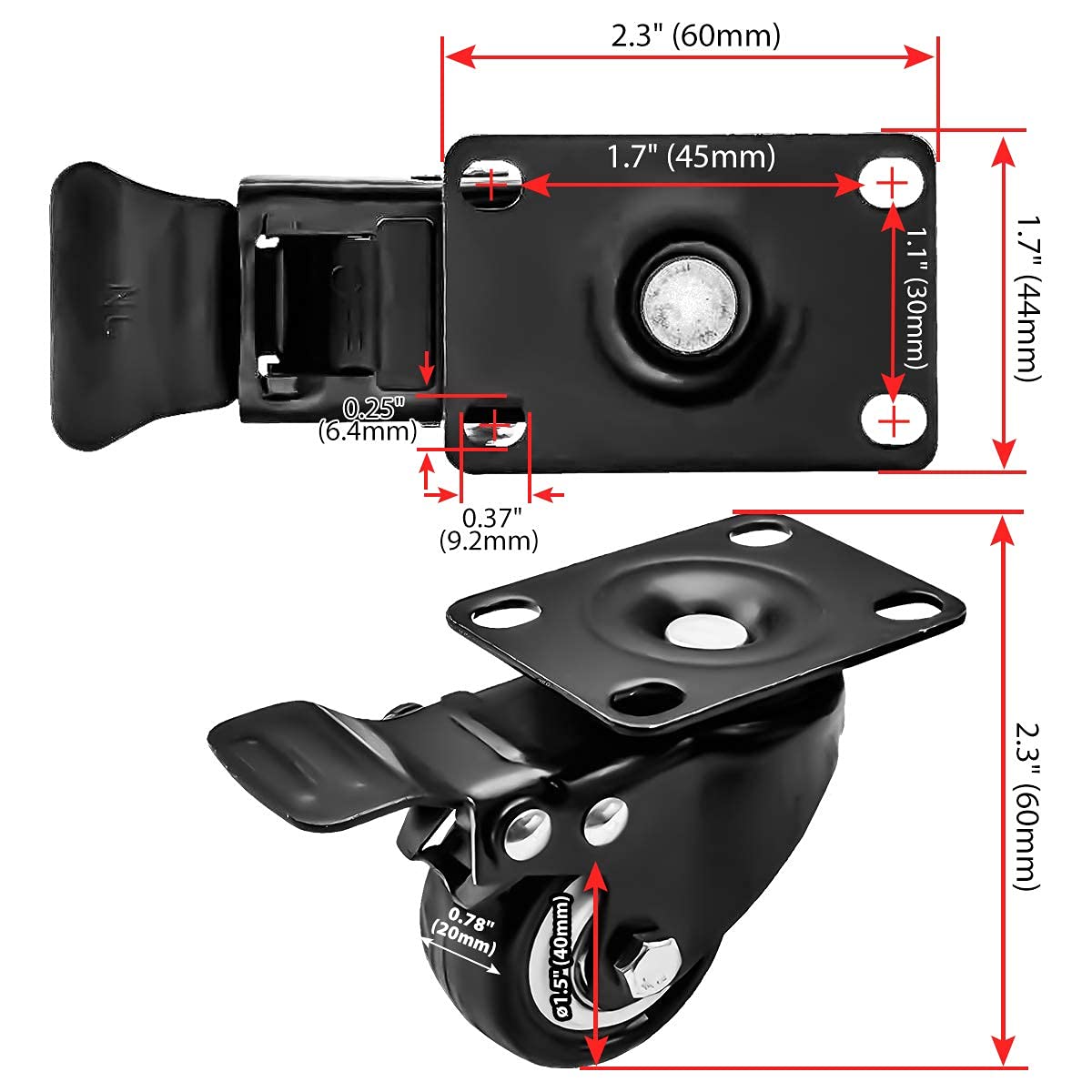 Swivel Caster Wheels Rubber Base with Top Plate & Bearing Heavy Duty with Total Lock Brake Pack of 4 Black by Online