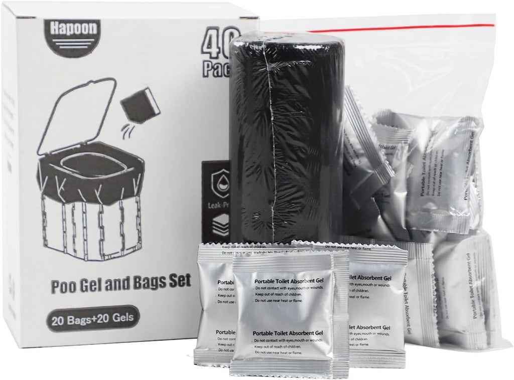 Portable Camping Toilet Bags and Poo Gel Set, HDPE Material, 40 Pack | Porta Potty Bags, Leak-Proof Design, Thickened