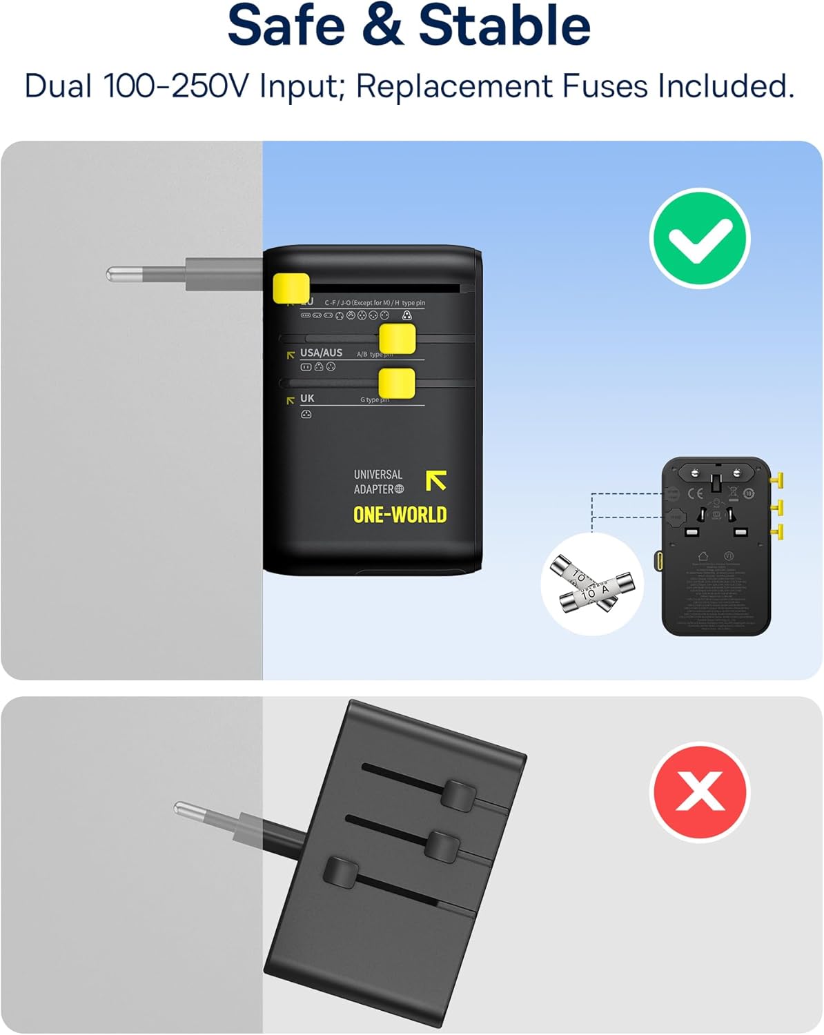 70W Universal Travel Adapter, 6-in-1 International Plug Adapter with Retractable Cable, USB-C PD Fast Charging