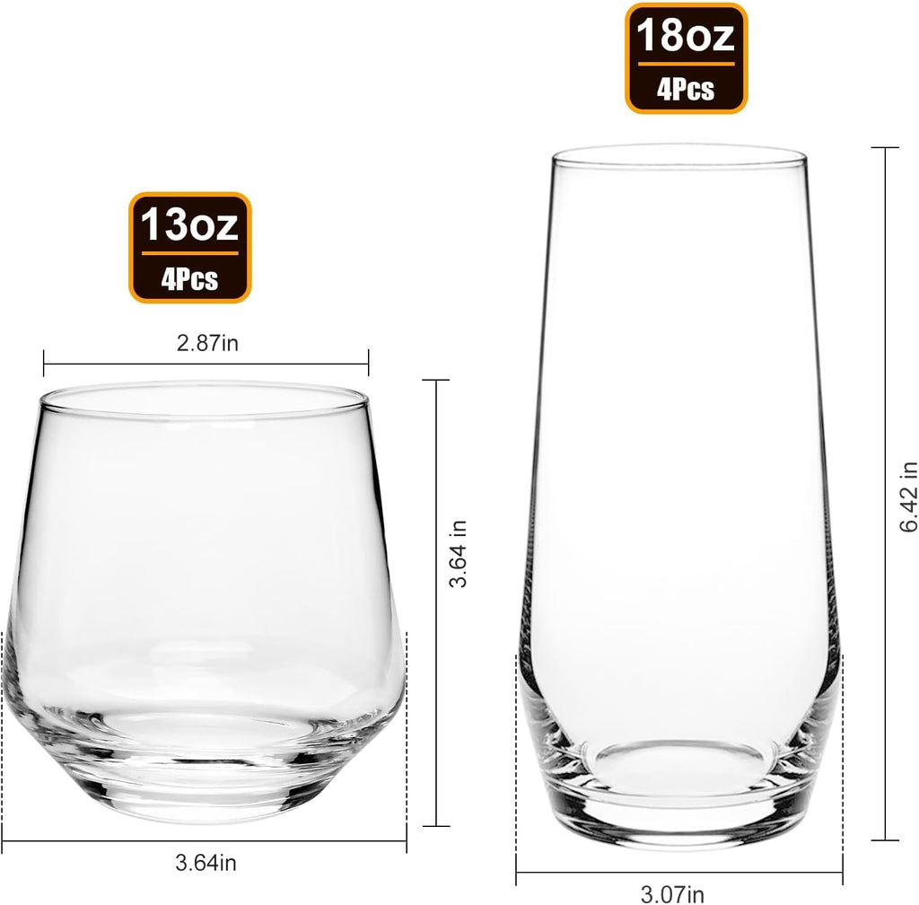 Drinking Glasses Set,4 Tall Glasses 18oz & 4 Stemless Rocks Glasses 13oz