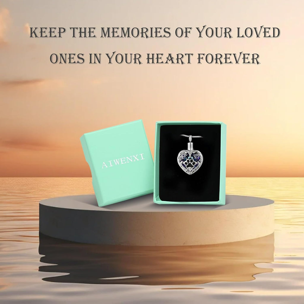 Heart Urn Necklace For Ashes Birthstone Pet Memorial Jewelry Dog Paw Print Cremation Pendant Stainless Steel Keepsake