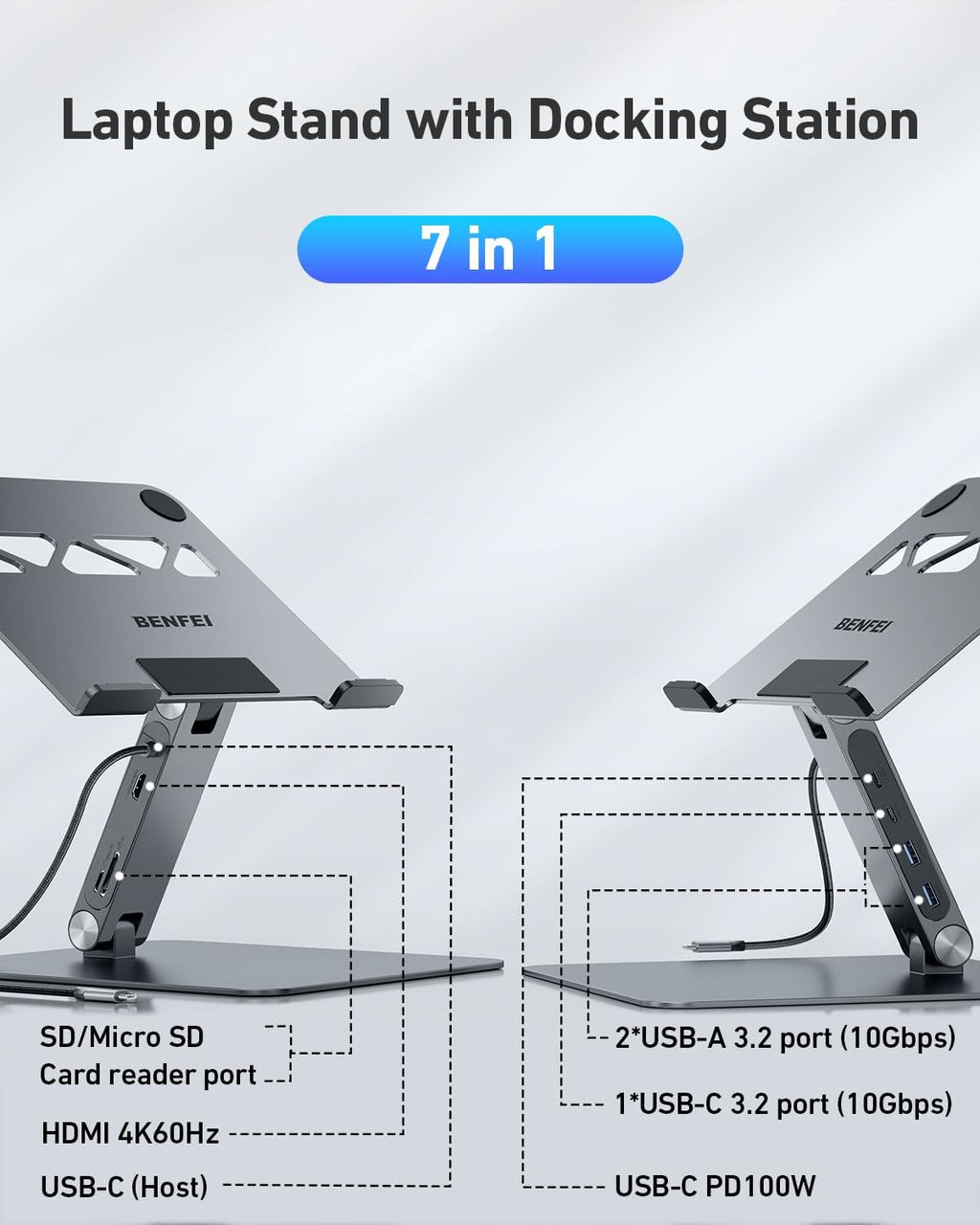 Laptop Stand with USB C 7in1 Docking Station,HDMI 4K@60Hz,1*SD 1*Micro SD,100W Power Delivery,10Gbps 1*USB C 3.2 and