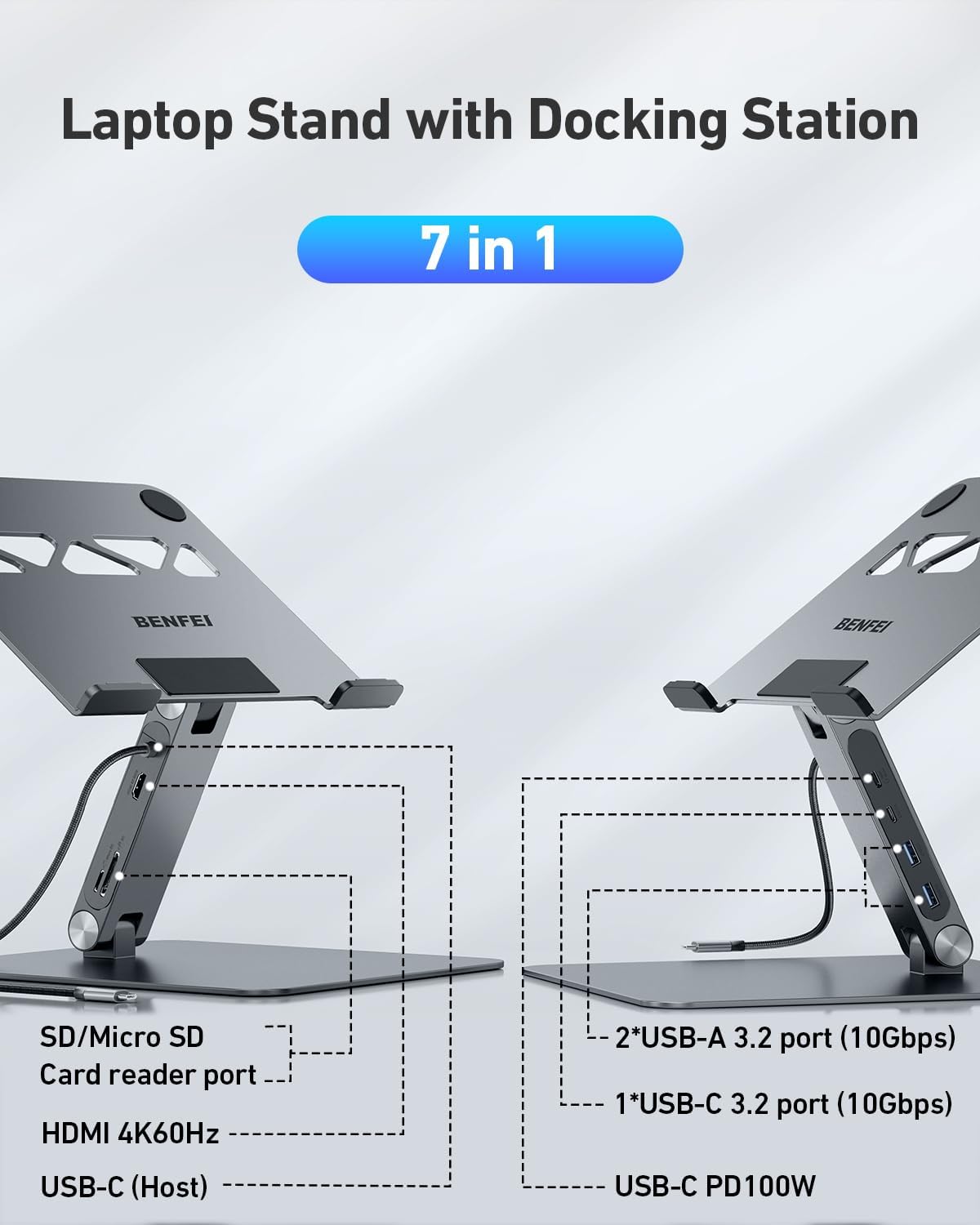 Laptop Stand with USB C 7in1 Docking Station,HDMI 4K@60Hz,1*SD 1*Micro SD,100W Power Delivery,10Gbps 1*USB C 3.2 and