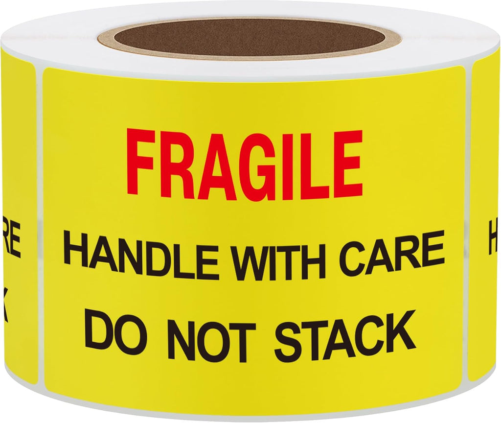 2x3 inch 300pcs Fragile Stickers for Shipping Moving Handle with Care Do Not Stack Yellow Warning Labels (Type 1)