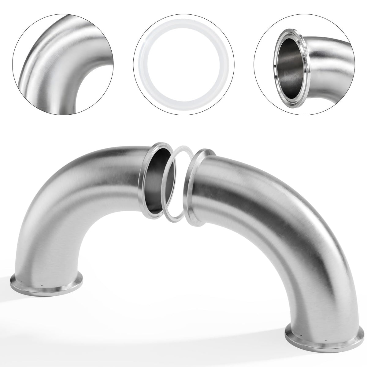2 Pack 90 Degree Sanitary Elbow Stainless Steel Tri Clamp Sanitary Pipe Fitting With Silicone Gaskets (1-1/2inch)