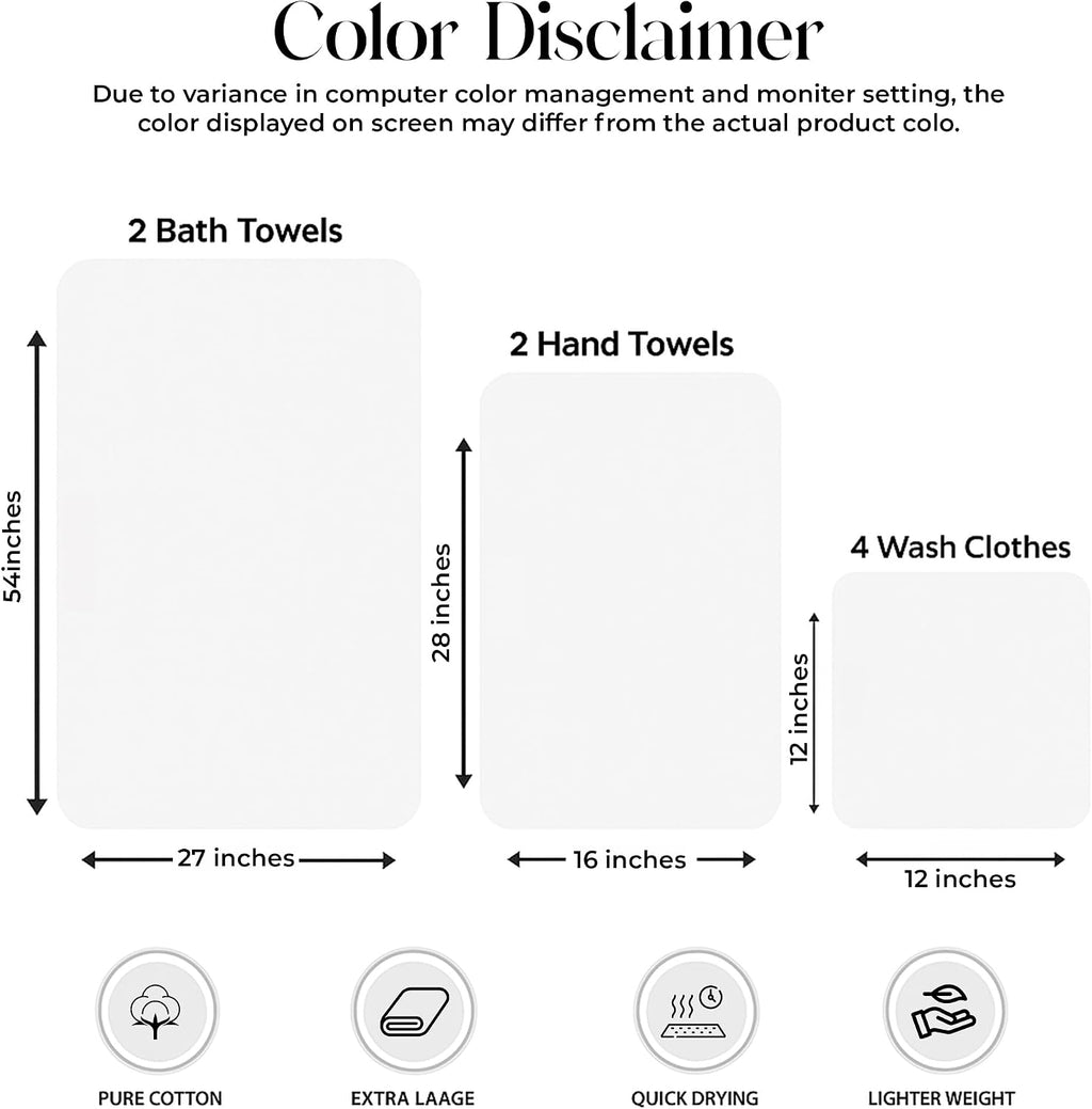 Pack of 8 Towels Set, 2 Large Bath, 2 Hand, 4 Face Washcloths, 100% Cotton Hotel Quality, Super Soft, Quick Dry