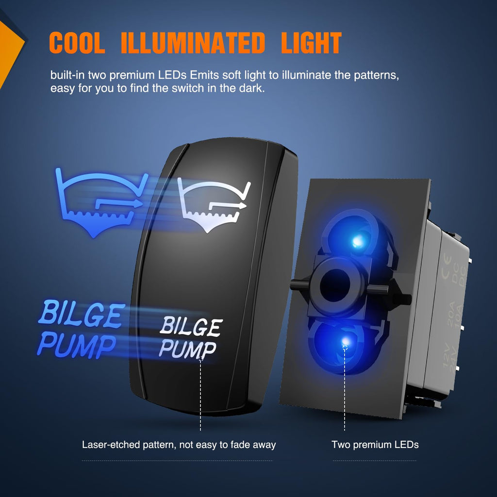 Nilight Bilge Pump Rocker Switch with Jumper Wires Set 5 Pin Laser Blue