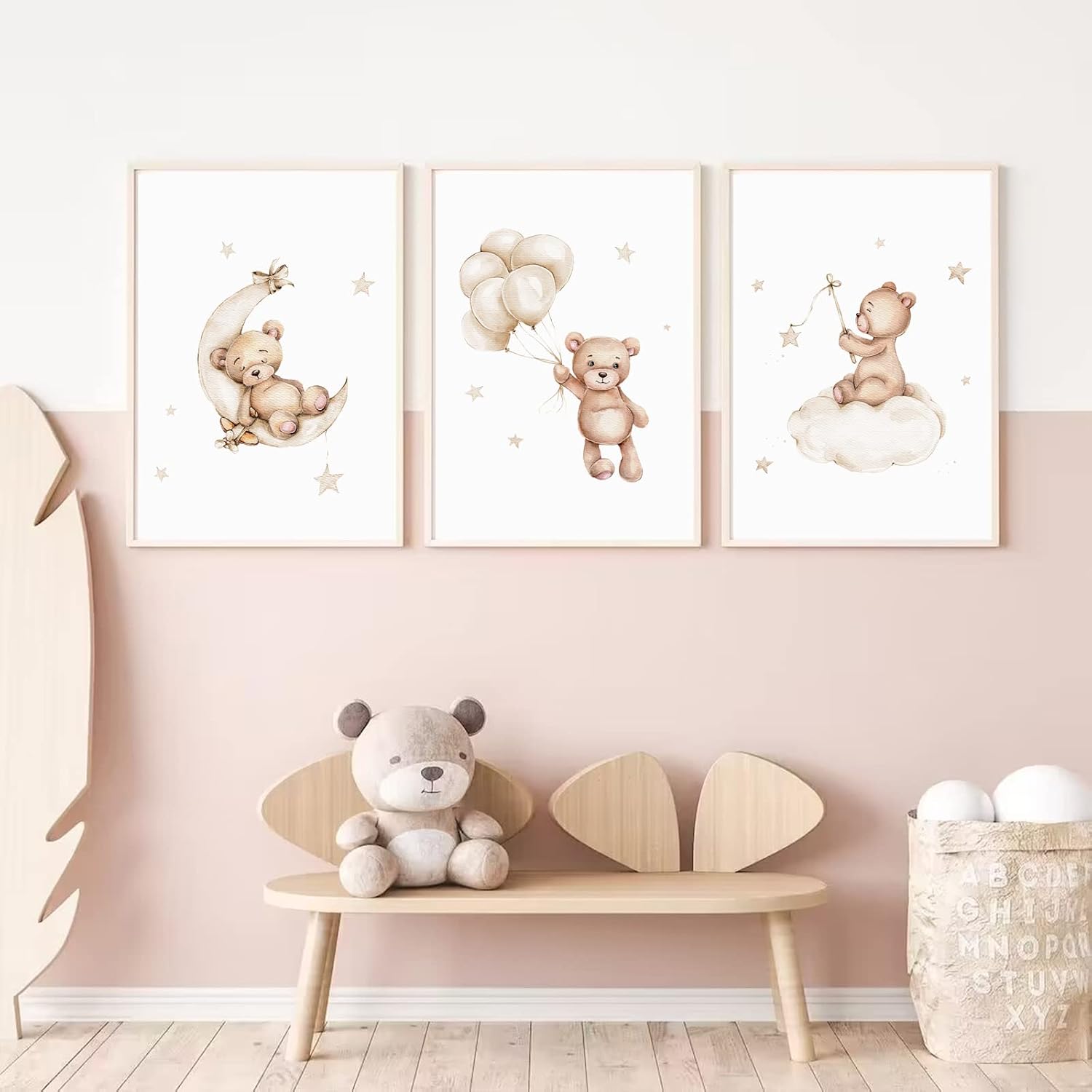 Bear Nursery Wall Art Decor Set of 3 Teddy Bear Canvas Wall Art Baby Boy Nursery Decor Prints Neutral Pictures Moon