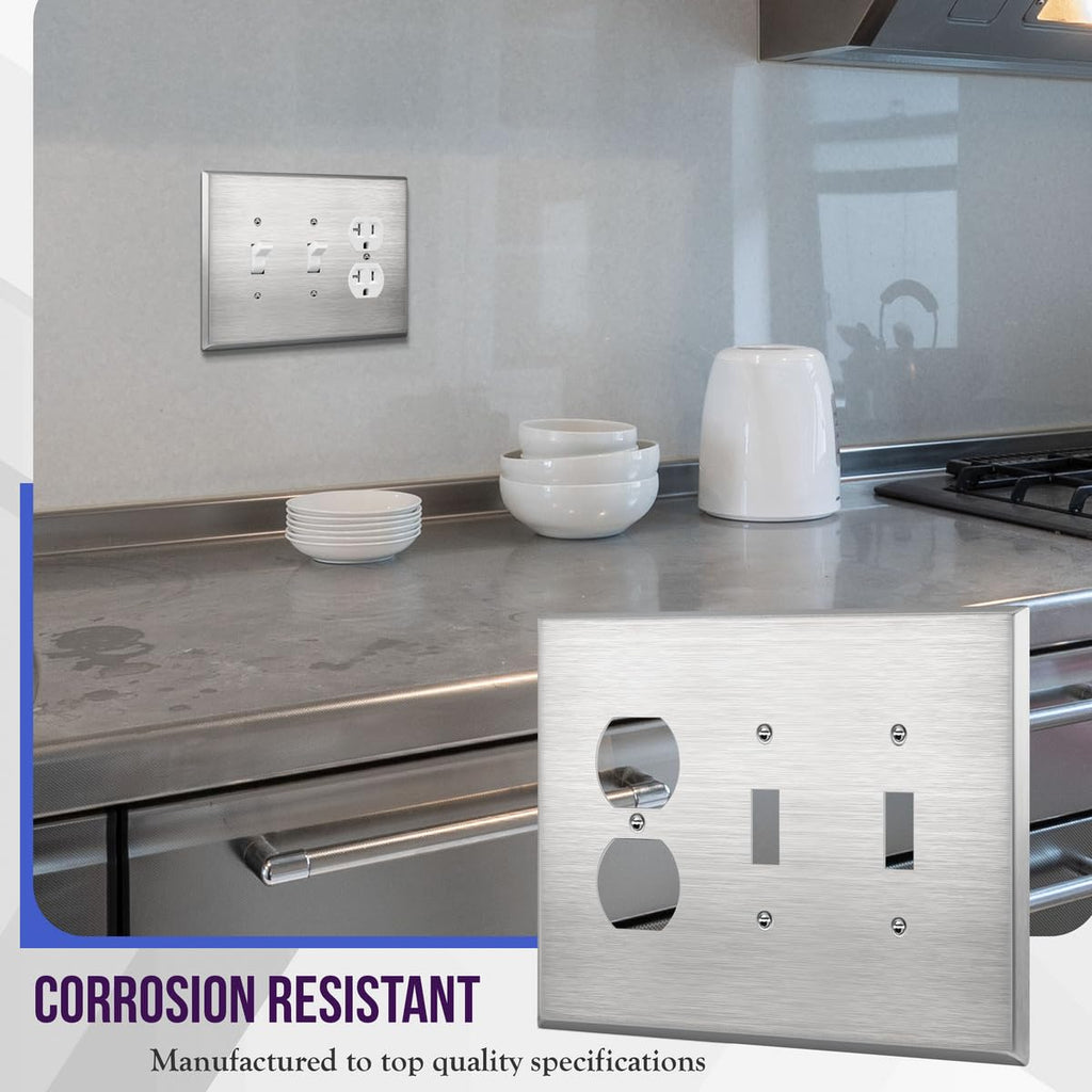 ENERLITES Combination Two Toggle & One Duplex Metal Wall Plate, Oversize
