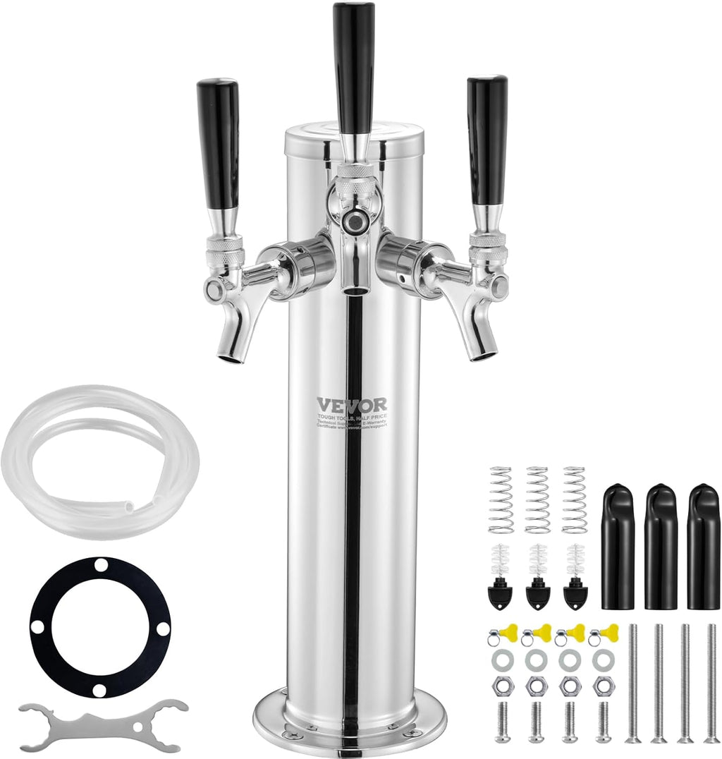 Triple Taps Draft Beer Tower Dispenser, Stainless Steel Keg Beer Tower, Kegerator Tower Kit with Pre-Assembled Tubing