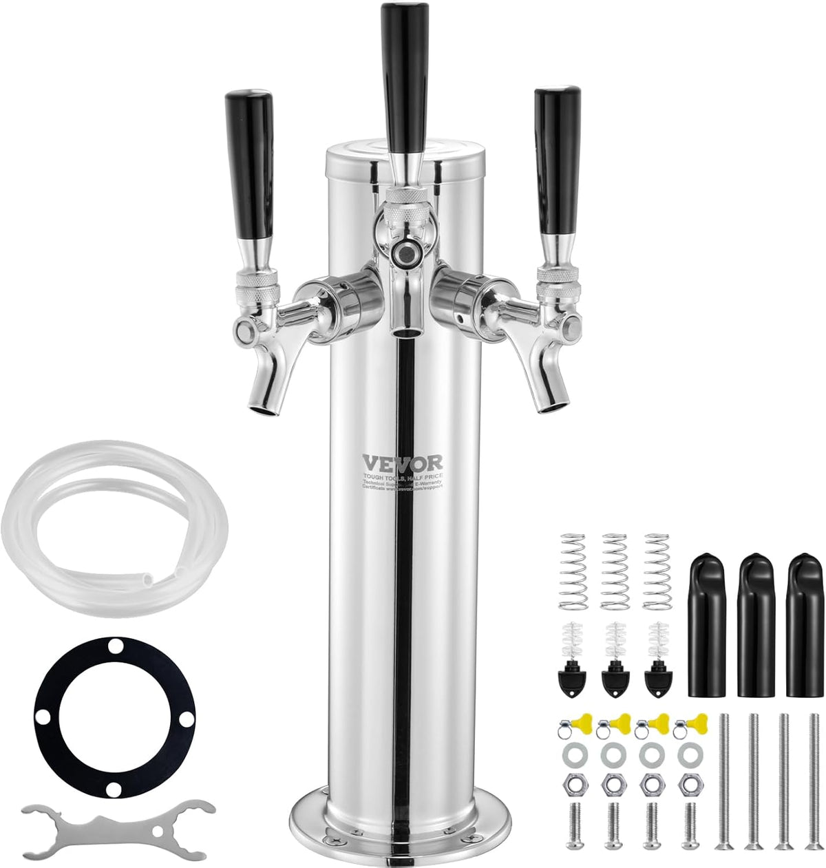 Triple Taps Draft Beer Tower Dispenser, Stainless Steel Keg Beer Tower, Kegerator Tower Kit with Pre-Assembled Tubing