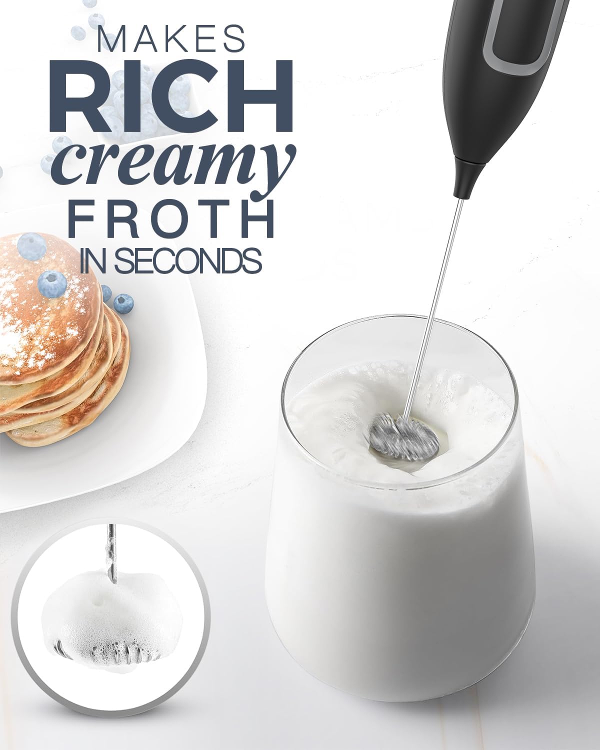 Milk Frother Handheld Battery, Electric Foam Maker Frother Wand, Drink Mixer with Stainless Steel Whisk for Coffee