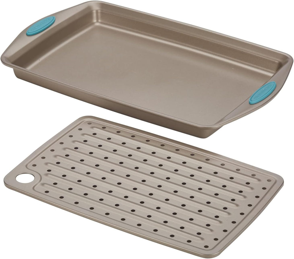 Cucina Nonstick Bakeware Set with Grips, Nonstick Cookie Sheet / Baking Sheet and Crisper Pan - 2 Piece, Latte Brown
