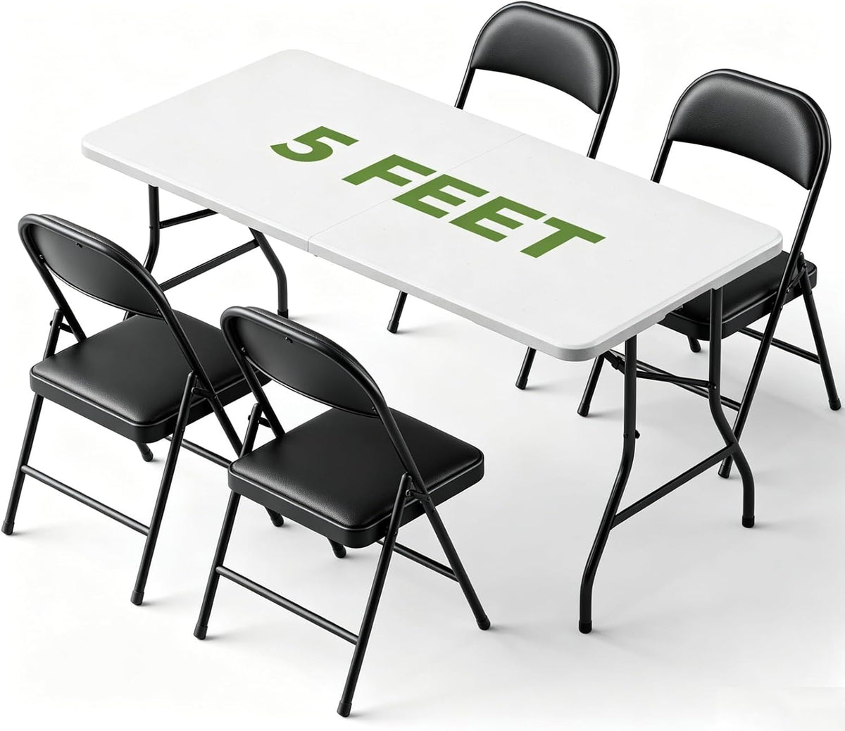 Folding Dining Table Set for 4, 5FT Foldable Plastic Table with Carrying Handle & 4 PU Leather Padded Folding Chairs