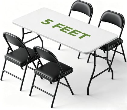 Folding Dining Table Set for 4, 5FT Foldable Plastic Table with Carrying Handle & 4 PU Leather Padded Folding Chairs